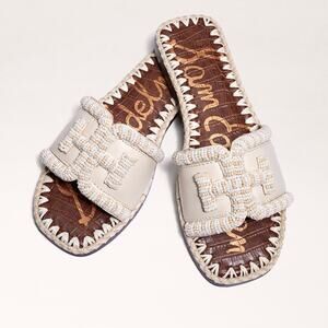 Sam Edelman Fitz Double-E logo Espadrille Slides Ivory Beaded Resort Beach 7.5